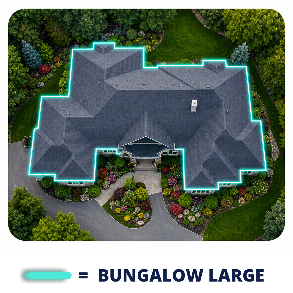 Aerial view of a large sprawling bungalow with full perimeter gutters outlined in blue