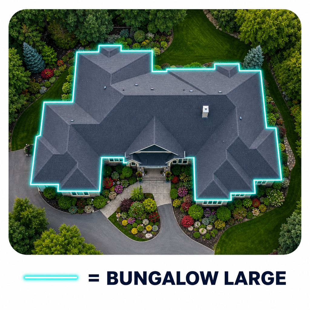 Aerial view of a large sprawling bungalow with full perimeter gutters outlined in blue
