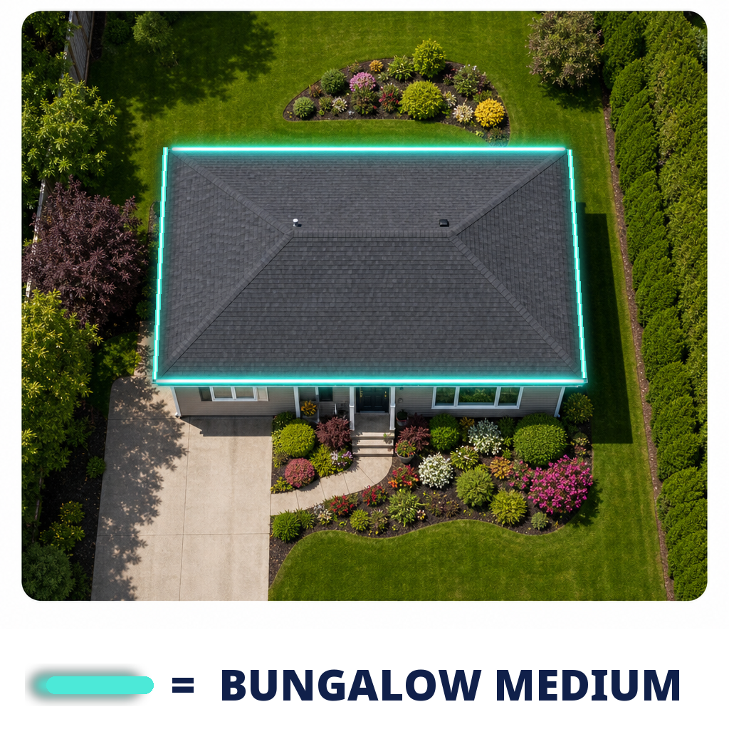 Aerial view of a medium bungalow with full perimeter gutters outlined in blue