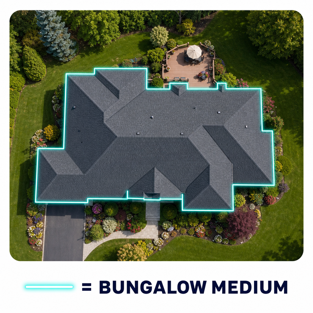Aerial view of a medium bungalow with full perimeter gutters outlined in blue