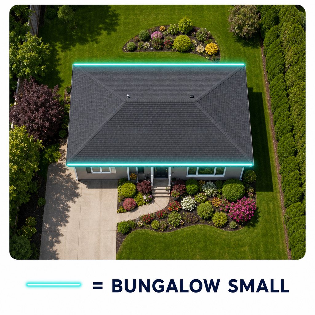Aerial view of a small bungalow with front and back gutters outlined in blue