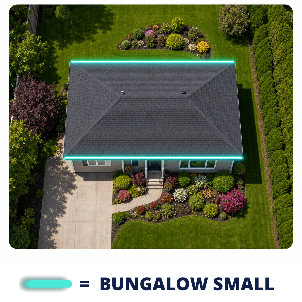 Aerial view of a small bungalow with front and back gutters outlined in blue