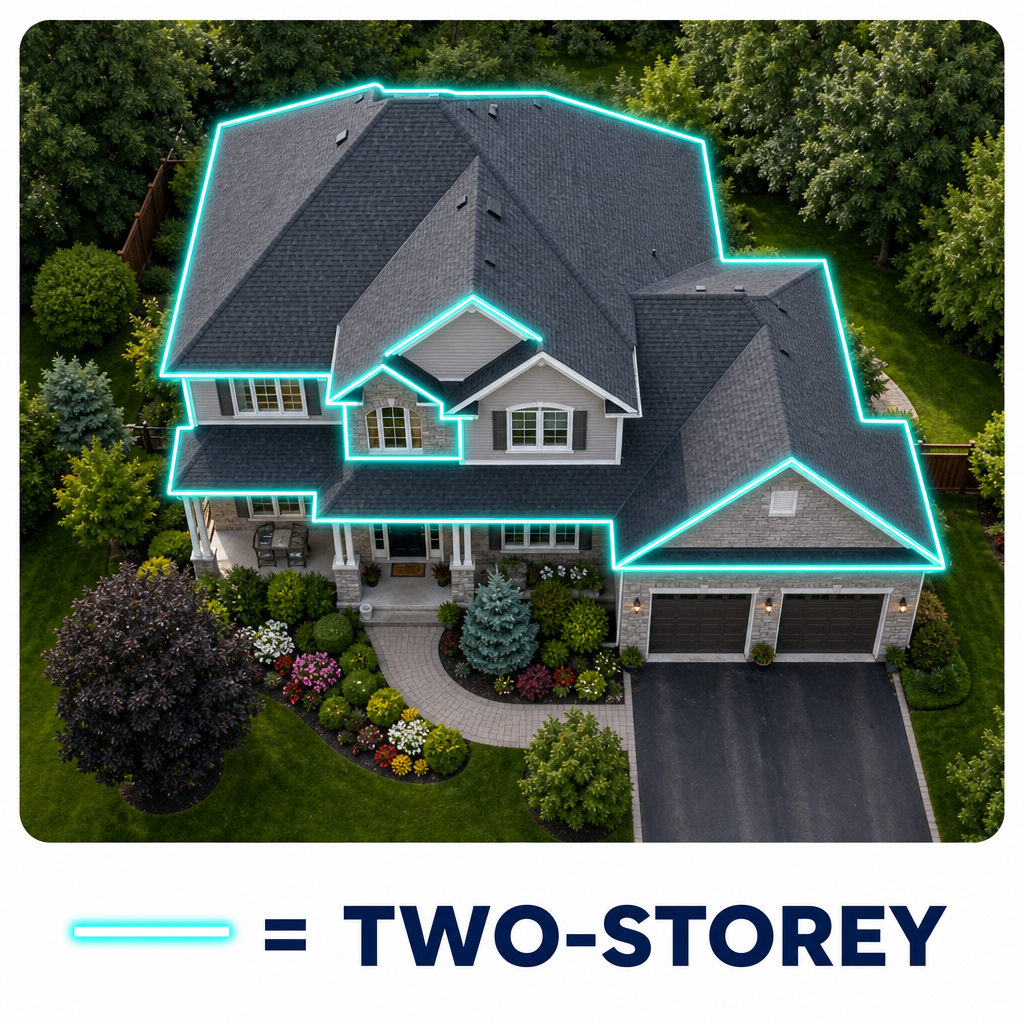 Aerial view of a two-storey home with full perimeter gutters outlined in cyan