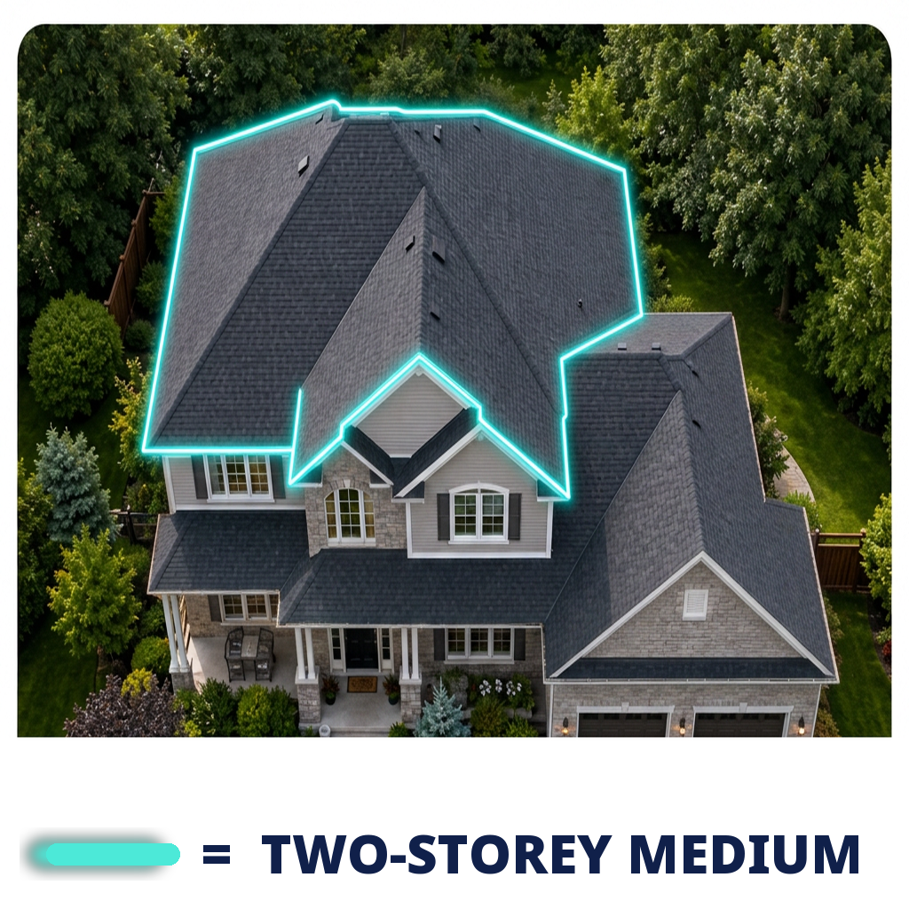 Aerial view of a two-storey home with full perimeter gutters on the upper storey only