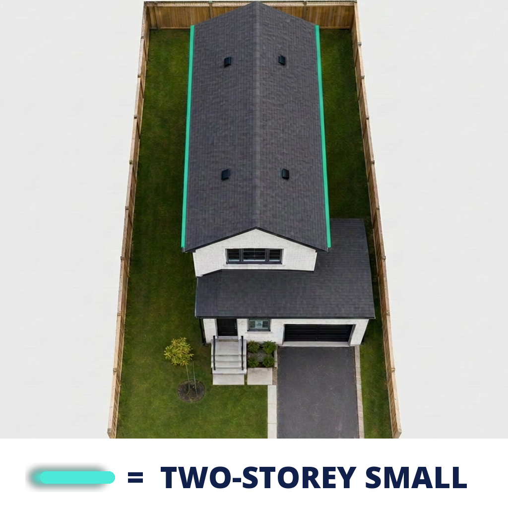 Aerial view of a two-storey home with side gutters only on the second floor